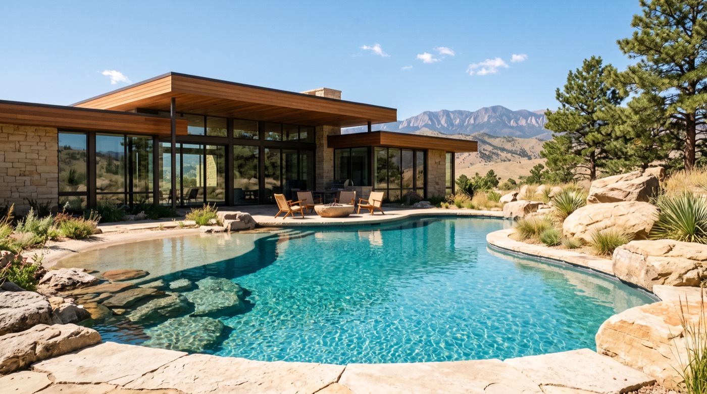 Concept visualization: freeform salt water lagoon with boulders and a shallow entry in front of a modern foothills home