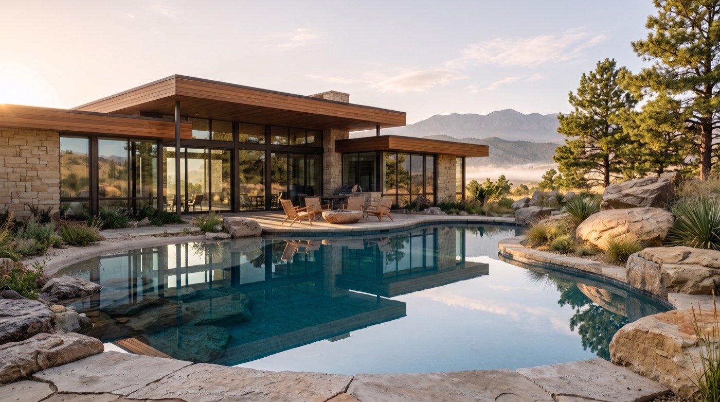Concept visualization: still salt water lagoon at sunrise in front of a modern foothills home