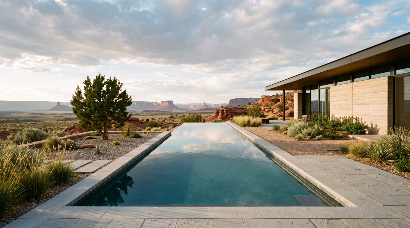 Concept visualization: infinity edge salt water pool on a high desert mesa beside a low modern house