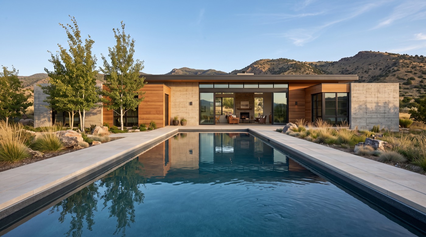 Concept visualization: long rectangular salt water pool reflecting a concrete and cedar modern home