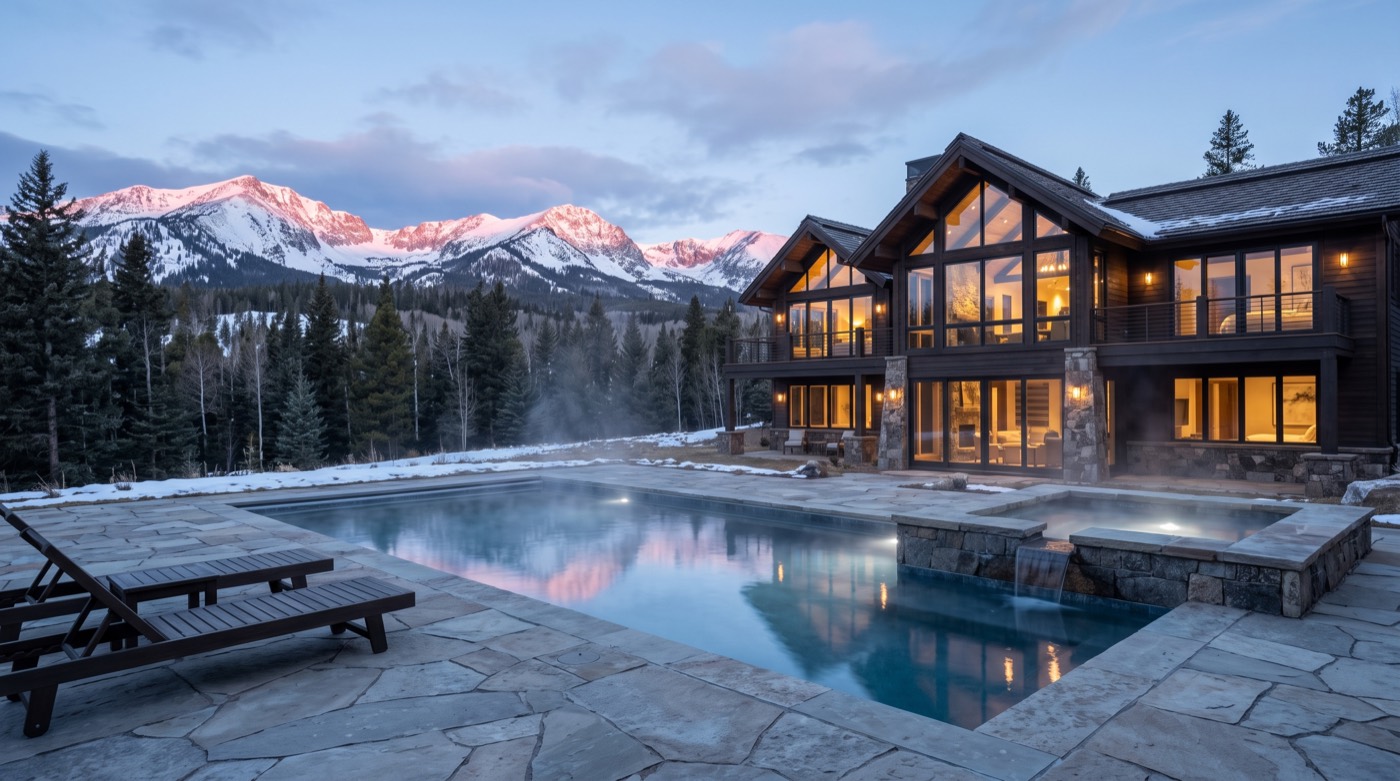 Concept visualization: heated pool and raised stone hot tub steaming at dawn in front of a mountain home