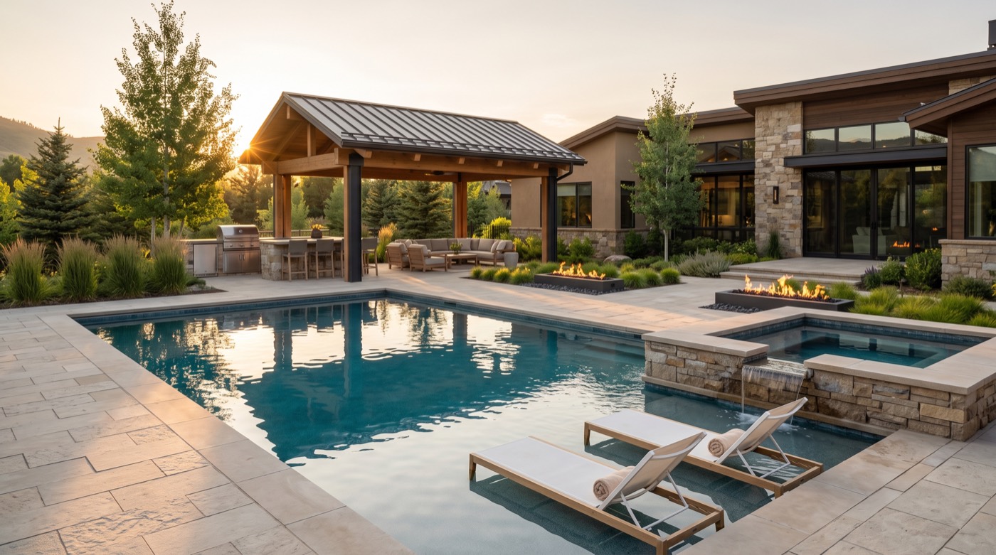 Concept visualization: pool, hot tub and pavilion at golden hour