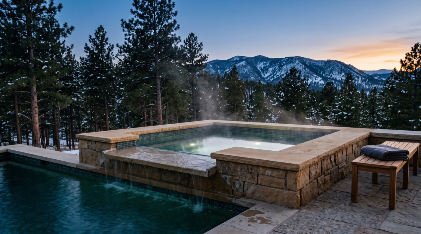 Concept visualization: raised stone hot tub spilling into a salt water pool at dusk with pines and a snow-dusted ridge behind