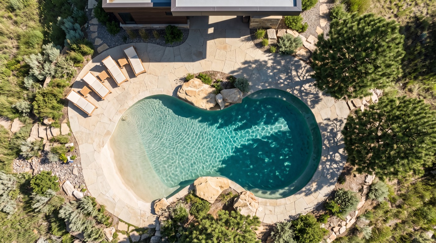 Concept visualization: overhead view of a salt water lagoon pool with a stone terrace and loungers