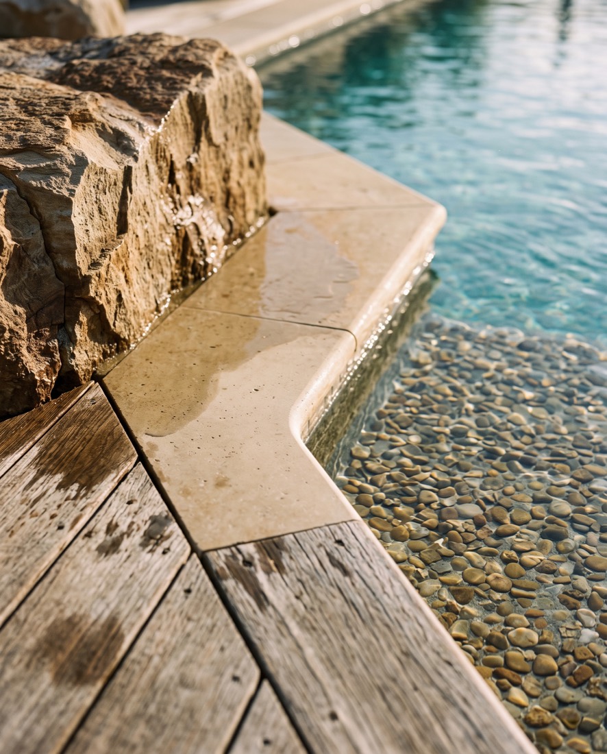 Concept visualization: limestone coping, sandstone boulder, weathered teak and a pebble pool finish meeting at the water's edge