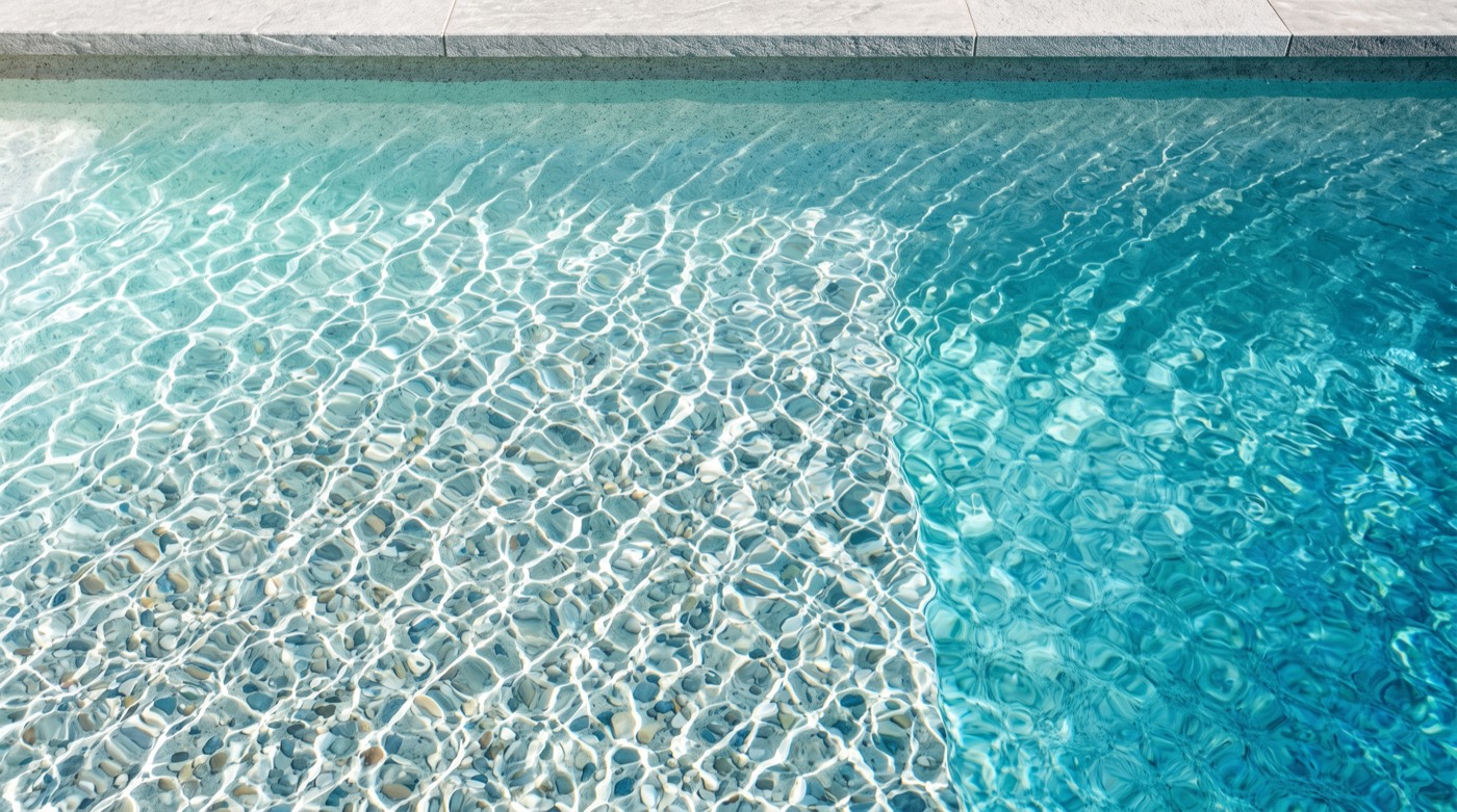 Concept visualization: sunlight patterns through clear pool water beside a limestone edge